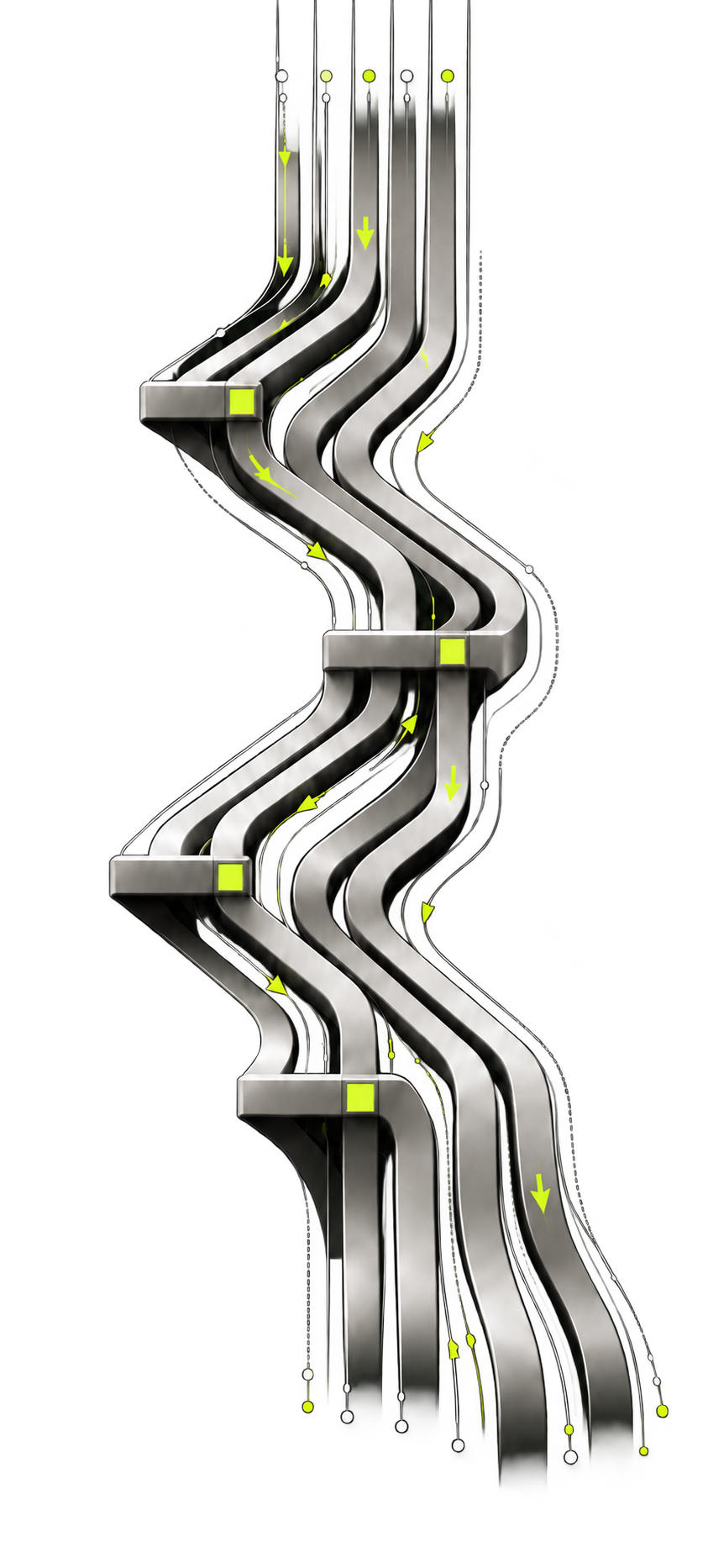 Silver ribbons with blue signals connecting the four swarm stages